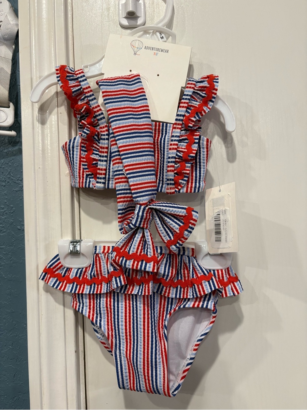 Adventurewear 360 50+ UV Red, White & Blue Striped Ruffle Bikini for baby 3 MO